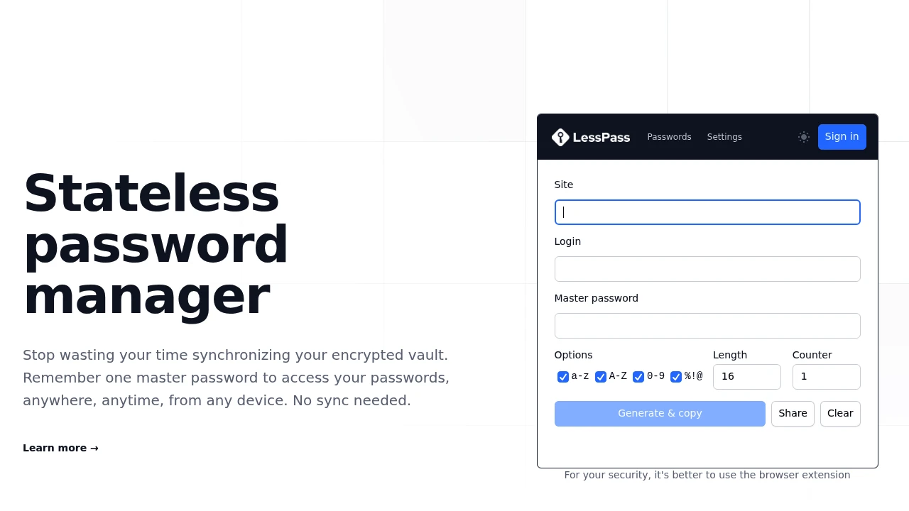 Screenshot of LessPass website