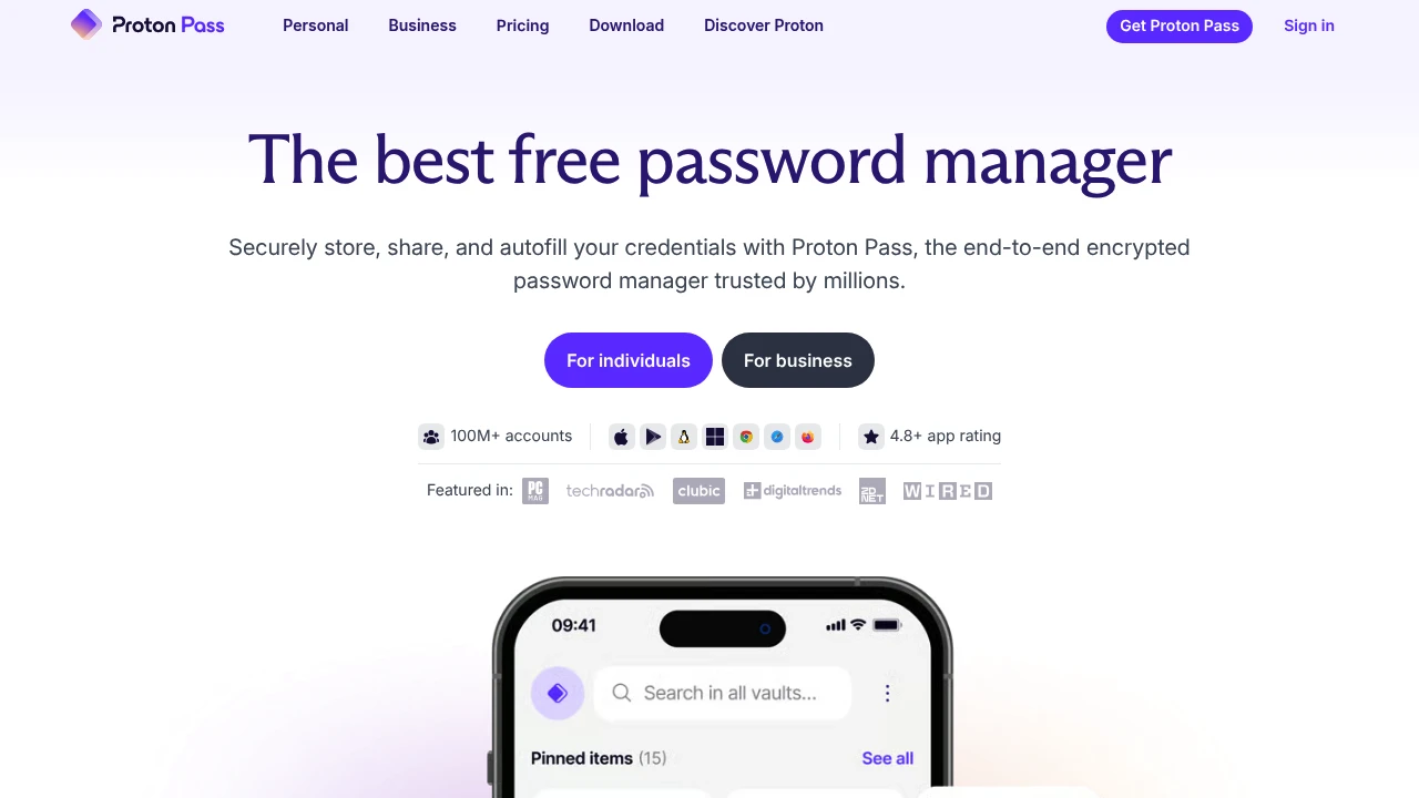Screenshot of Proton Pass website