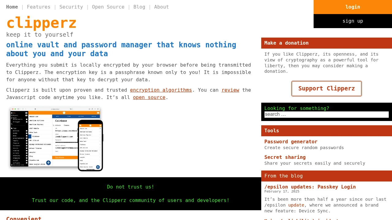 Screenshot of Clipperz website